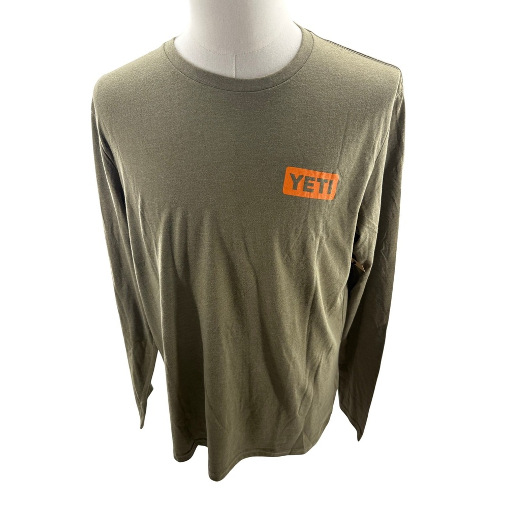 YETI‎ Mens Long Sleeve Graphic Tee Olive Green Orange Elk Mountain Large